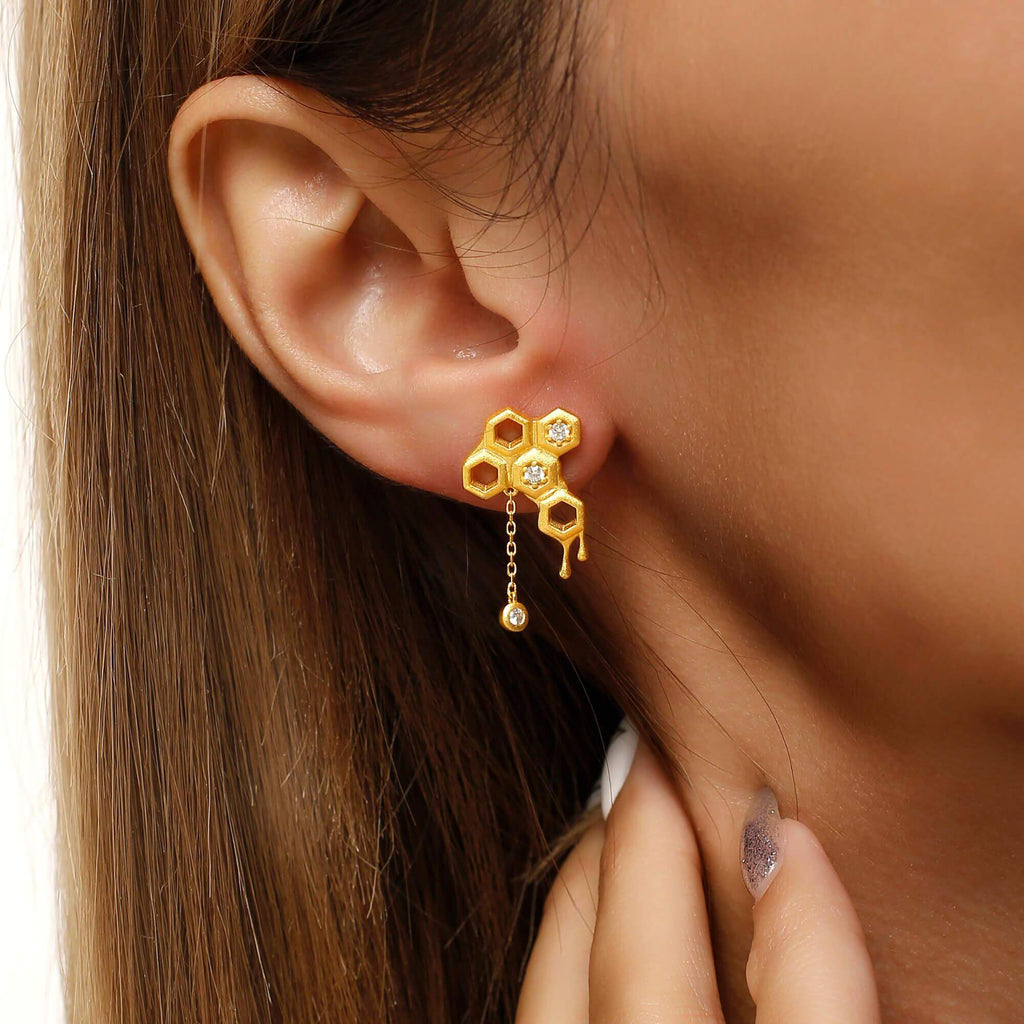 Gold Honeycomb Dangle Earrings Mak Collection - Trendolla Jewelry