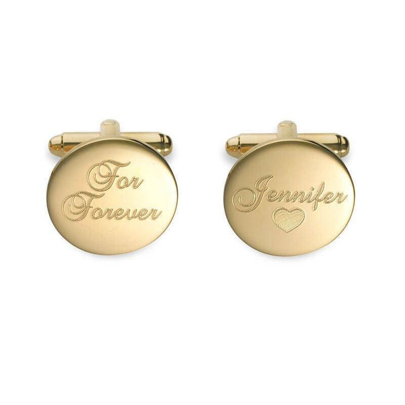 Men's "For Forever" with Heart Accent Engravable Circle Cuff Links in Sterling Silver with 18K Gold Plate (1 Name) of Trendolla - Trendolla Jewelry