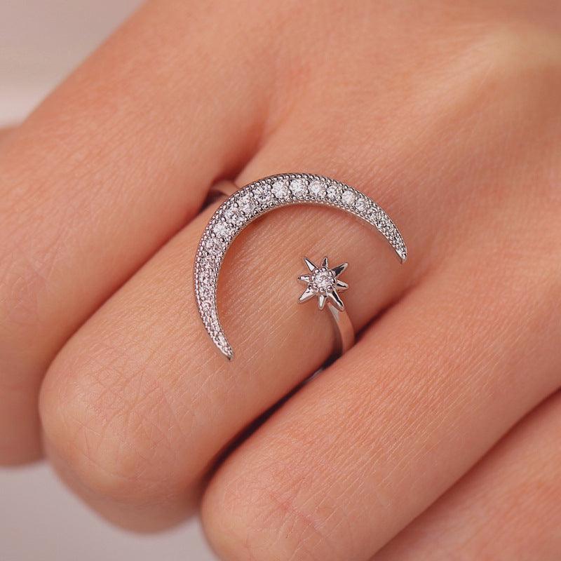 Sterling Silver Crescent Moon and Star Ring Adjustable Moon Ring - Trendolla Jewelry