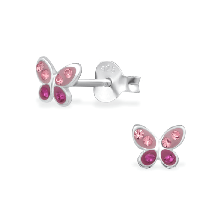 Sterling Silver Two Tone Pink CZ Butterfly Baby Children Earrings - Trendolla Jewelry